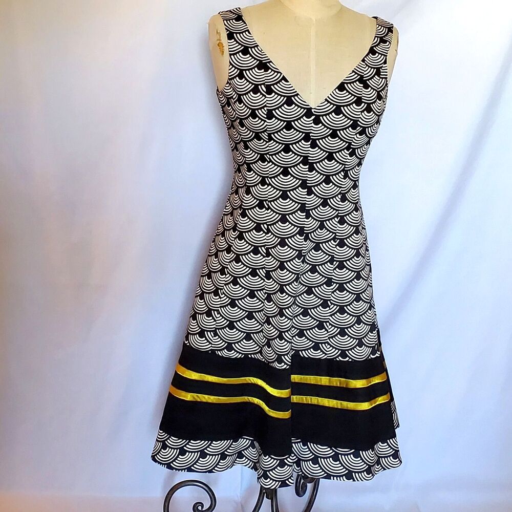 Nine West Fit & Flare Dress, Navy, White & Gold, Size 4